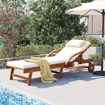 LUMISOL 77.5” Acacia Wood Chaise Lounge Chair, Patio Outdoor Chaise Lounge with Cushions, Adjustable Backrest, Leg Rest, Headrest, Retractable Side Tray for Patio, Pool, Garden, Beige