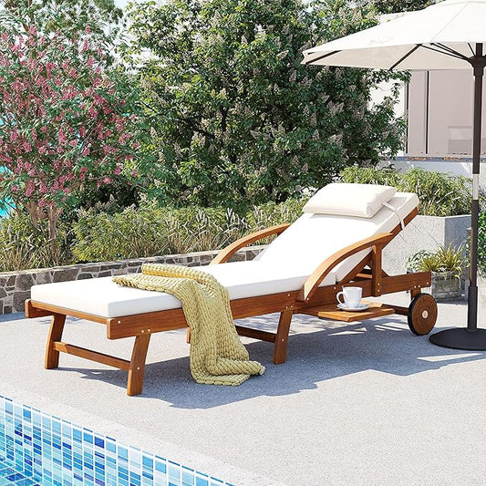 Acacia Wood Outdoor Patio Chaise Lounge, All Weather Reclining Lounge Chairs with Adjustable Backrest& Leg Rest, 2 Wheels, Headrest, Retractable Side Tray for Poolside Garden Beach (Beige-3.17)