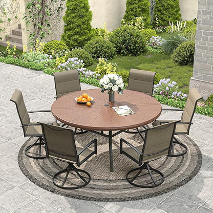 VICLLAX Round Patio Dining Table, 6-8 Person Aluminum Outdoor Dining Table with Umbrella Hole and Surdy Frame for Garden Lawn Deck, 53" Walnut