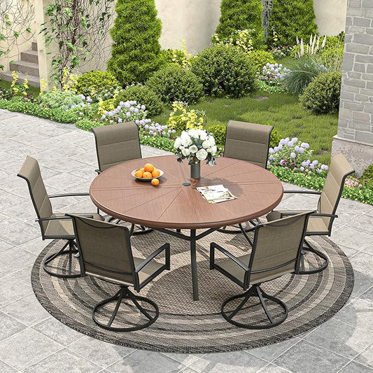 VICLLAX Round Patio Dining Table, 6-8 Person Aluminum Outdoor Dining Table with Umbrella Hole and Surdy Frame for Garden Lawn Deck, 53" Walnut