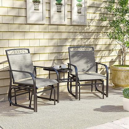 Outsunny Outdoor Glider Chairs with Coffee Table, Patio 2-Seat Rocking Chair Swing with Breathable Sling for Backyard, Garden and Porch, Gray