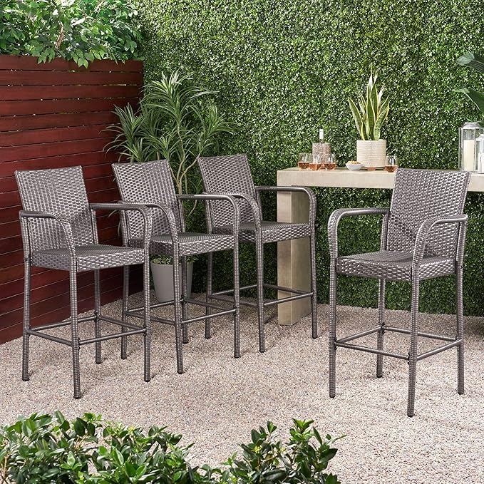 Christopher Knight Home Delfina Outdoor Wicker Barstools, 4-Pcs Set, Grey - Photo 4