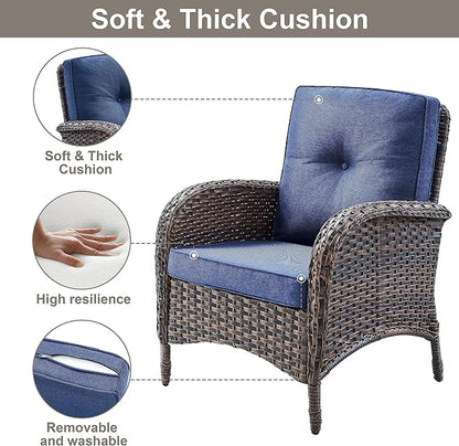 Belord Outdoor Wicker Loveseat Furniture Set of 4 with Coffee Table for Porch Deck Balcony, 4 Pieces Rattan Outdoor Conversation Sets Include 2 Club Chairs 1 Loveseat Couch 1 Coffee Table Brown/Blue