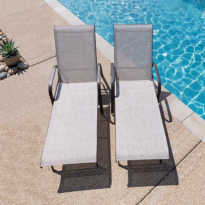 Crestlive Products Chaise Lounge Chair Outdoor with Armrests, Pool Lounge Chairs Set of 2, Aluminum Adjustable 5 Positions Sun Tanning Lounger for Patio, Poolside, Yard, Deck, Backyard (Beige)