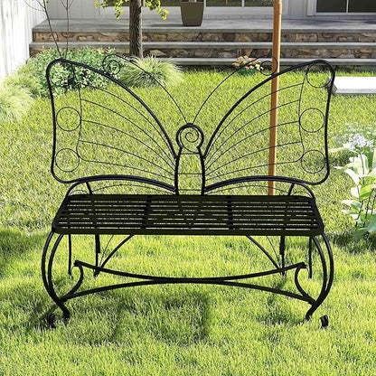 Outdoor Bench Patio Outdoor Garden Bench Butterfly Cast Iron Metal Patio Bench, Outdoor Chair Slatted Seat and Butterfly Pattern Backrest for Outside, Front Porch, Park, Lawn, Backyard and Balcony