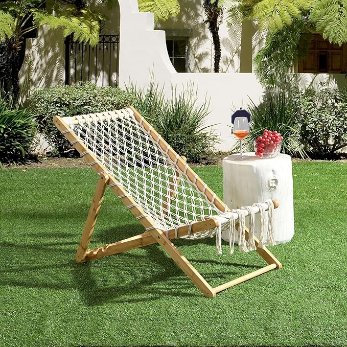 Set of 2 Boho Rope Folding Lounge Chairs – Adjustable Outdoor Macrame Patio Chairs with Bamboo Frame - Photo 3