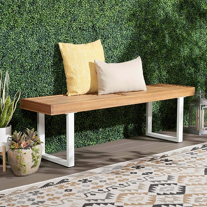 SAFAVIEH Outdoor Collection Monti Natural/White Solid Wood Bench, Ideal for Deck, Patio, Backyard, Sunroom