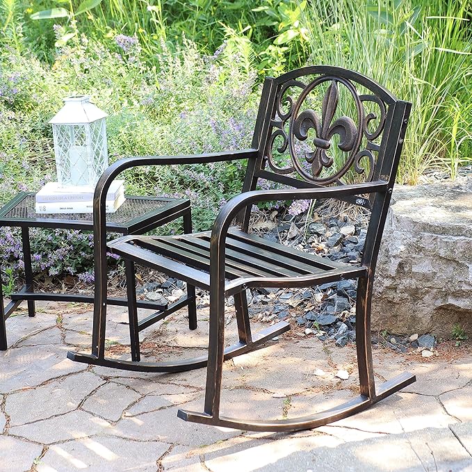 Sunnydaze Outdoor Rocking Chair for Lounging – Durable Metal Patio Chair with Cast Iron & Steel Frame – Ideal for Backyard, Lawn, or Garden – 275lb Capacity