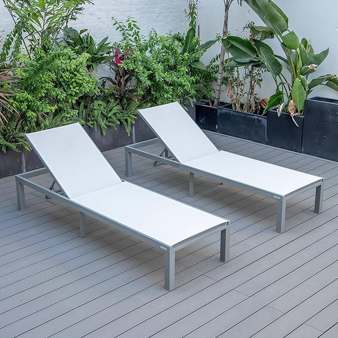 LeisureMod Marlin Aluminum Outdoor Chaise Lounge Chair (Set of 2) - Mesh Sling Fabric Seat Grey Aluminum Frame Beach, Pool Lounge Chair for Modern Patio Lawn, Garden and Backyard (White)