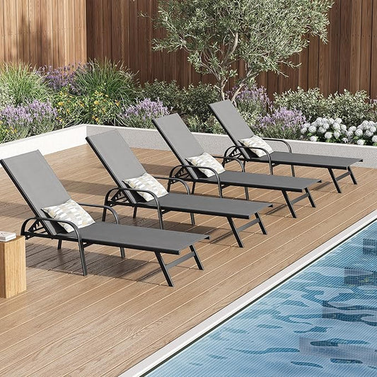 Outdoor Lounge Chair, Adjustable Patio Reclining Chaise with Textilene Fabric, Pool Lounge Chair with 5-Position Backrest for Patio, Garden, Poolside & Balcony,Grey Set of 4