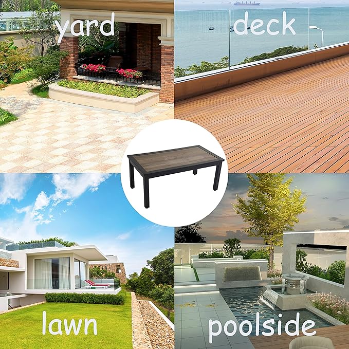 LOKATSE HOME Outdoor Coffee Table Patio Retangle Metal Side Dining Furniture with Wood Grain Top for Balcony, Porch, Deck