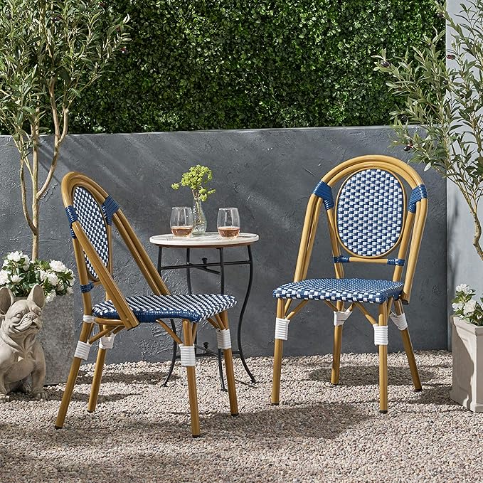 Christopher Knight Home Gwendolyn Outdoor French Bistro Chairs (Set of 2), Blue + White + Bamboo Print Finish - Photo 2