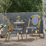 Christopher Knight Home Gwendolyn Outdoor French Bistro Chairs (Set of 2), Blue + White + Bamboo Print Finish - Photo 2