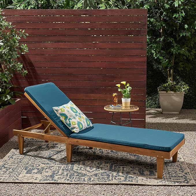 Great Deal Furniture Yvette Outdoor Acacia Wood Chaise Lounge and Cushion Set, Teak and Blue,309787 - Photo 2