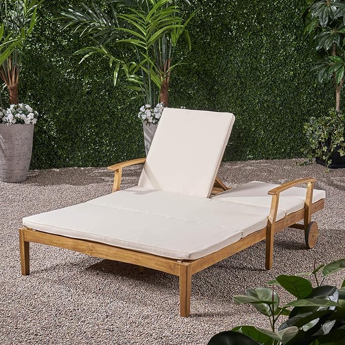 Great Deal Furniture Samantha Double Chaise Lounge for Yard and Patio, Acacia Wood Frame - Photo 3
