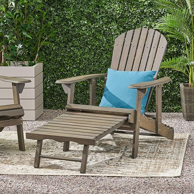 Merax Folding Adjustable Acacia Wood Adirondack Chairs, Water Proof with Retractable Ottoman Outdoor Wooden Lounge Reclining Chair for Garden, Patio, Gray