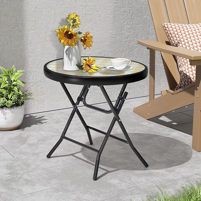 Foldable Side Table with Tempered Glass Top 18" Outdoor Folding Side Tables Small Glass Patio Table for Porch Yard Balcony Deck Lawn Dining Garden (Yellow)