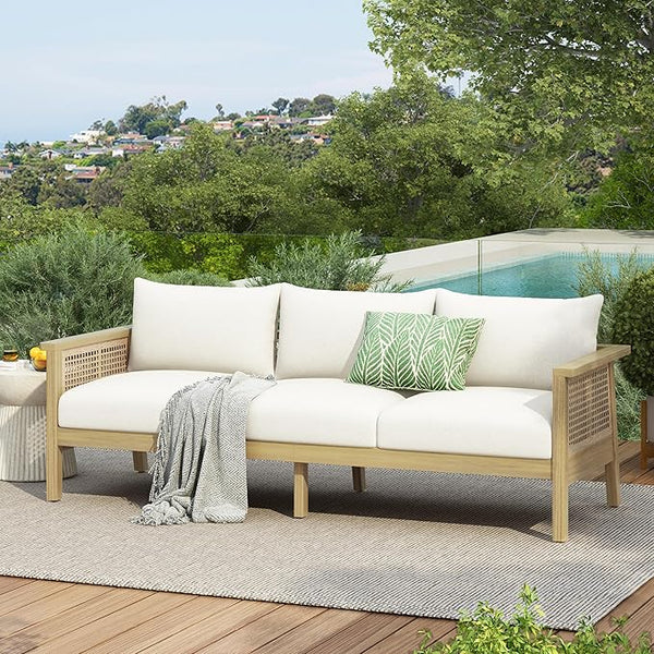 Merax Patio Acacia Wood PE Wicker 3-Seater Sofa with Waterproof Detachable Cushion, Outdoor Furniture - Photo 1