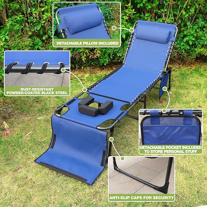 Outdoor Foldable Chaise Lounge Chair with Face Hole, Portable Tanning Chair with 5 Position Adjustable Back, Detachable Pillow & Pocket for Patio, Beach and Pool, Blue
