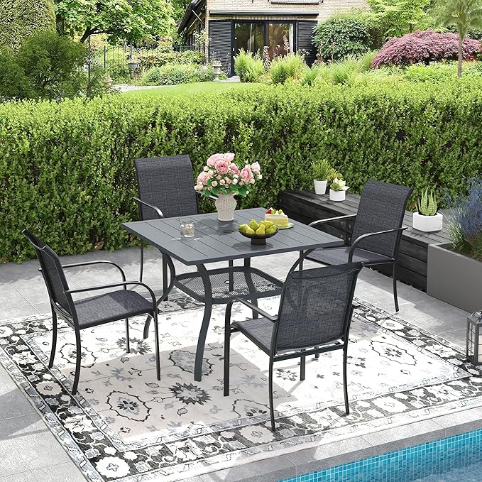 DIFY Square Patio Dining Table for 4, 38" Grey Outdoor Metal Dining Table with 1.57" Umbrella Hole for Backyard, Lawn, Garden and Deck