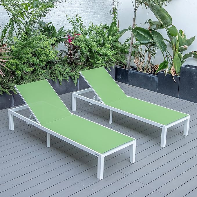 LeisureMod Marlin Aluminum Outdoor Chaise Lounge Chair (Set of 2) - Mesh Sling Fabric Seat White Aluminum Frame Beach, Pool Lounge Chair for Modern Patio Lawn, Garden and Backyard (Green)