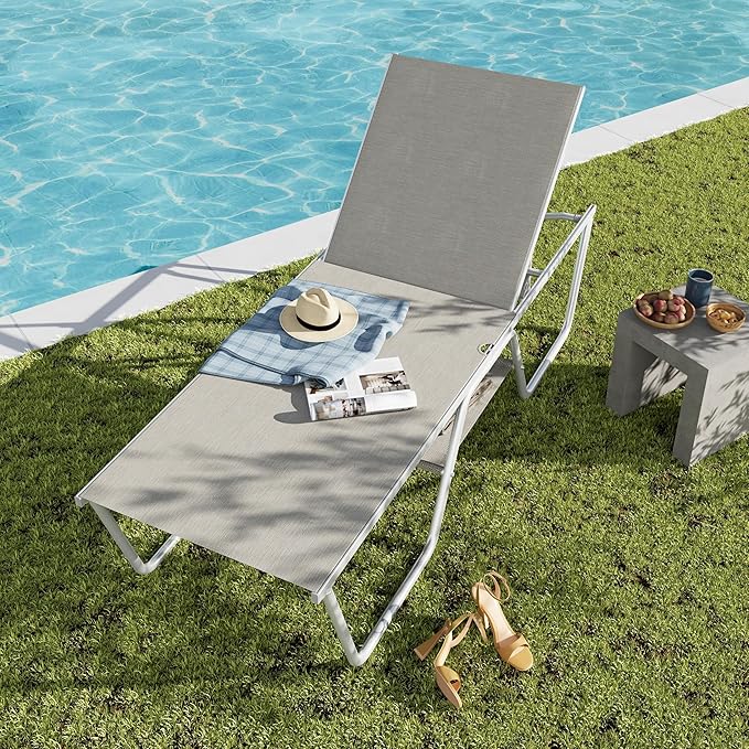 PHI VILLA 78" Oversized Outdoor Chaise Lounge Chair, 27" Extra Wide Foldable, 5-Position Adjustable, UV50+ Textilene Mesh, Rust-Proof Frame, Khaki Beige