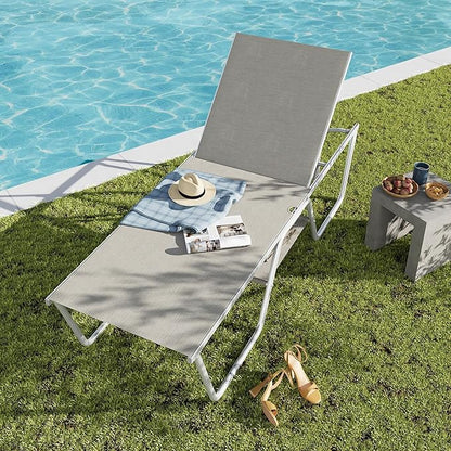 PHI VILLA 78" Oversized Outdoor Chaise Lounge Chair, 27" Extra Wide Foldable, 5-Position Adjustable, UV50+ Textilene Mesh, Rust-Proof Frame, Khaki Beige