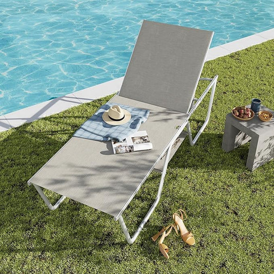 PHI VILLA 78" Oversized Outdoor Chaise Lounge Chair, 27" Extra Wide Foldable, 5-Position Adjustable, UV50+ Textilene Mesh, Rust-Proof Frame, Khaki Beige