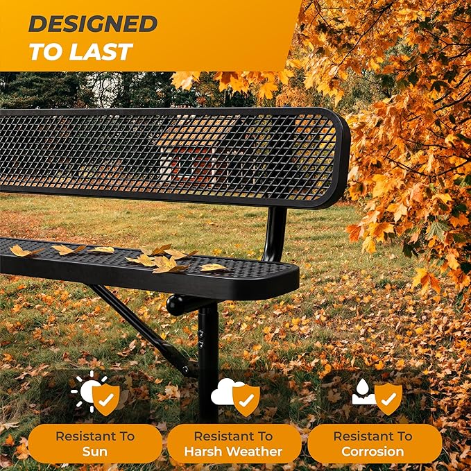 Heavy-Duty Outdoor Metal Bench, Thermoplastic-Coated, Inground, Weatherproof, Commercial-Grade for Parks, Gardens, Patios, Stores & More (8 Ft - Inground with Back, Black)