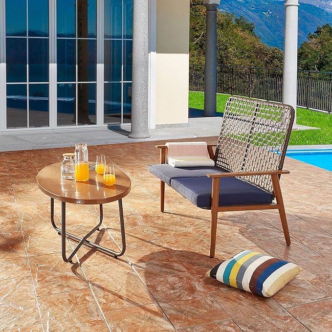 LOKATSE HOME Outdoor 2 Pcs Patio Loveseat Wood with Coffee Table Bistro Cushioned Outside Bench Wicker for Garden Poolside Balcony, Blue