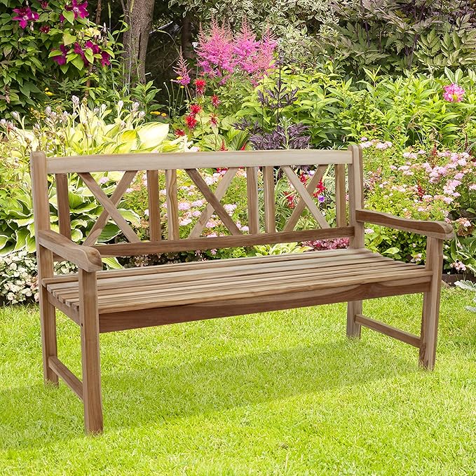 Sunnydaze 2-Person Outdoor Bench for Front Porch or Park - Wooden Teak Patio Garden Bench with Backrest - 675 lb Weight Capacity - Crossback
