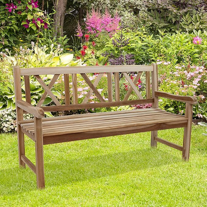 Sunnydaze 2-Person Outdoor Bench for Front Porch or Park - Wooden Teak Patio Garden Bench with Backrest - 675 lb Weight Capacity - Crossback