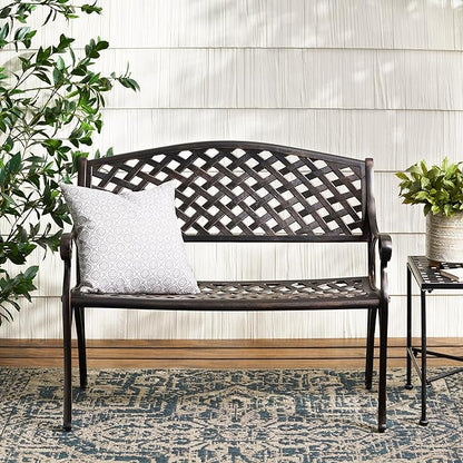 Merax Outdoor Garden Bench 41" Cast Aluminium Bench for 2 Person Seat with Backrest Armrests, Antique Copper Finish Mesh Pattern Patio Bench for Lawn Yard Porch Park Path Deck