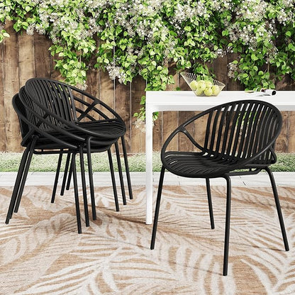 Christopher Knight Home Set of 2 Tita Modern Patio Outdoor Dining Chairs, Stacking Chair, Outside Dinner, Garden/Balcony/Poolside Stackable Accent Chairs, Metal Legs, Plastic Cutout Backrest, Black