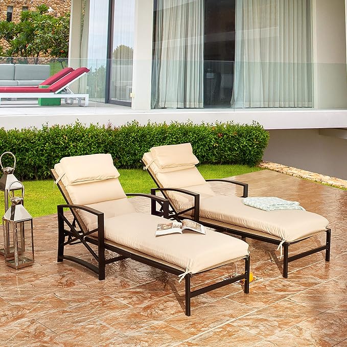 LOKATSE Home 2 Pieces Outdoor Patio Chaise Lounge Chair Blue Removable Cushions and Pillows with Adjustable Backrest and Armres Reclining Chairs for Beach Poolside Balcony Backyard Garden