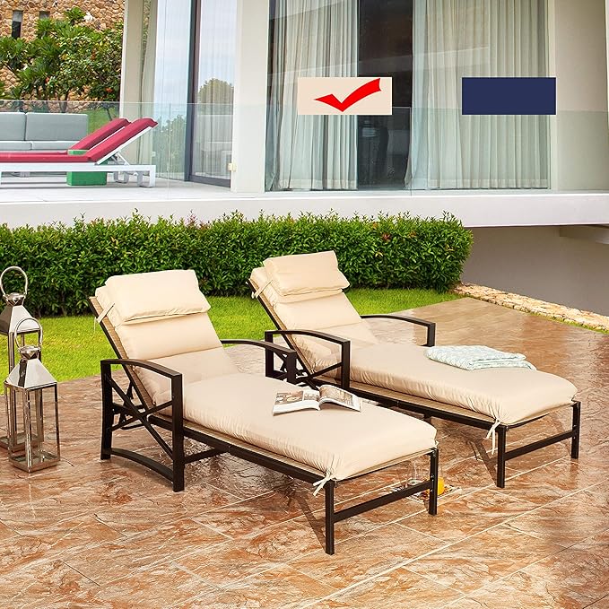 LOKATSE HOME Outdoor Patio Chaise Lounge Chair with Adjustable Backrest and Arms Metal Lounger Furniture All Weather, Khaki