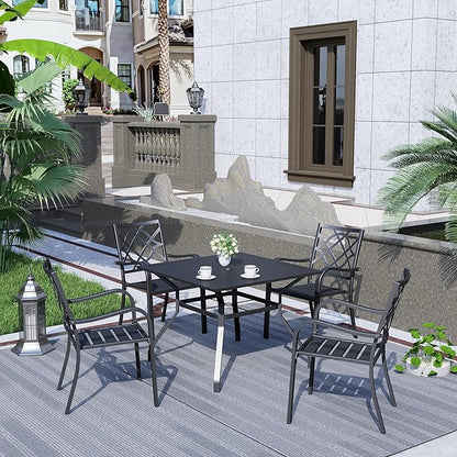 37" x 37" Patio Dining Table, Outdoor Square Bistro Metal Table with Steel Slat Table Top for Porch Deck Garden Backyard Poolside, 1.57" Umbrella Hole, Black