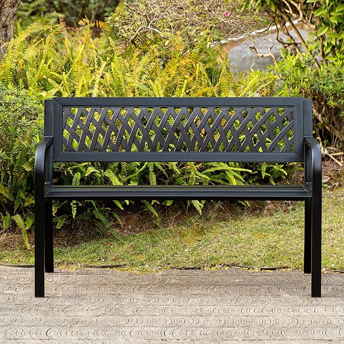 Gardenised Outdoor Steel 47" Park Bench for Yard, Patio, Garden and Deck, Black Weather Resistant Porch Bench, Park Seating