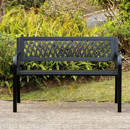 Gardenised Outdoor Steel 47" Park Bench for Yard, Patio, Garden and Deck, Black Weather Resistant Porch Bench, Park Seating