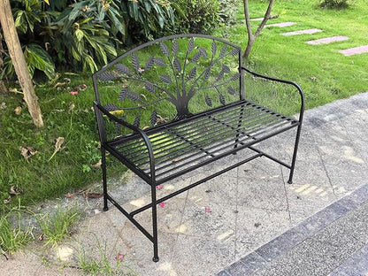 Hi-Line Gift Ltd. 42in Metal Garden Bench Tree Pattern-Black Patio Yard Seat