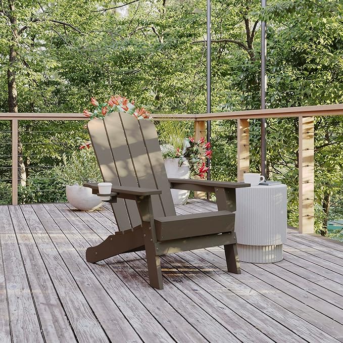 Flash Furniture Newport Adirondack Chair with Cup Holder, Weather Resistant Poly Resin Adirondack Chair, Brown - Photo 2