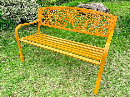 Hi-Line Gift Ltd 50" Outdoor Metal Garden Bench with Butterfly Design Backrest - Yellow