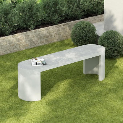 Christopher Knight Home Duro Durable Concrete Outdoor Bench with Modern White Terrazzo Effect, Outdoor Dining Chair, Oval Garden Bench with Pedestal Base, Extra Seating for Patio/Balcony, White