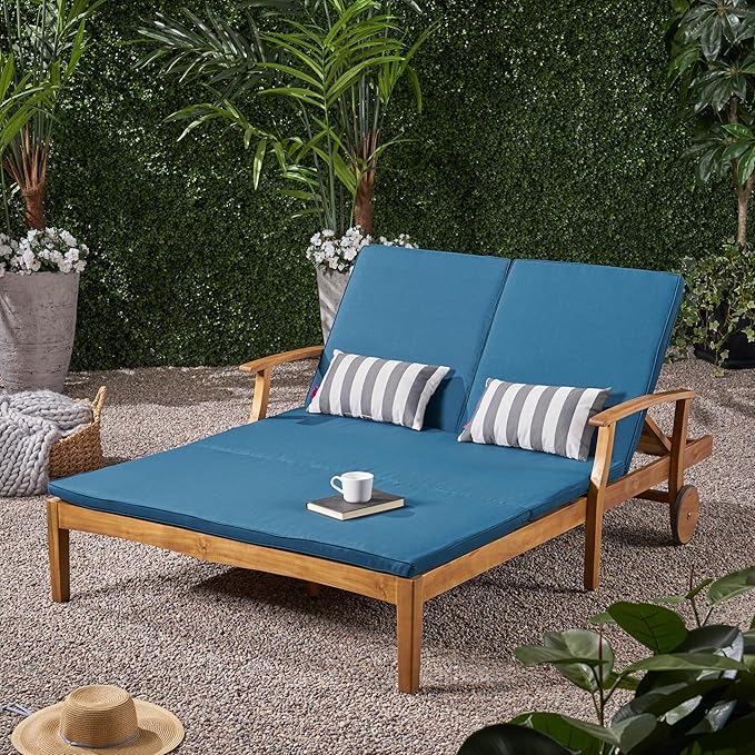 Outdoor Double Chaise Lounge Chairs, All Weather Acacia Wood Frame Patio Reclining Daybed Sunbed with Cushions and Adjustable Backrest for 2 People