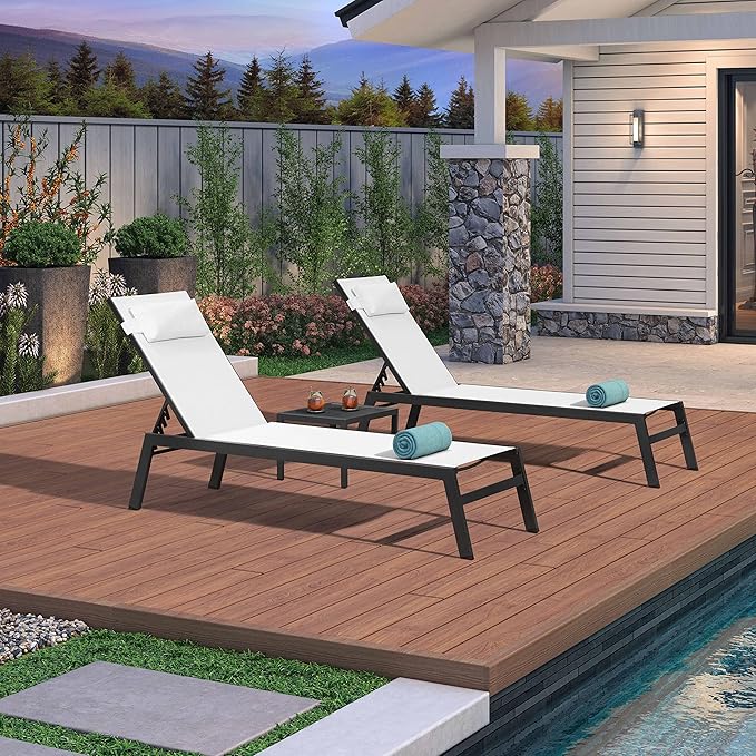 PURPLE LEAF Lounge Chair Set for Outside Aluminum Patio Recliner with Side Table and Pillow Beach Sunbathing Tanning Chairs Pool Chaise Lounger Outdoor White