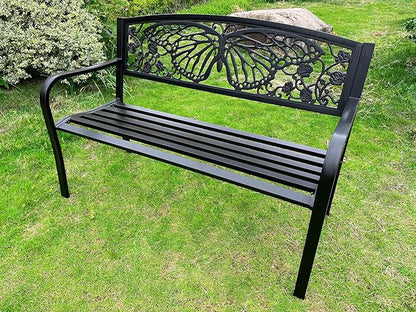 Hi-Line Gift Ltd 50" Outdoor Metal Garden Bench with Butterfly Backrest Design - Black