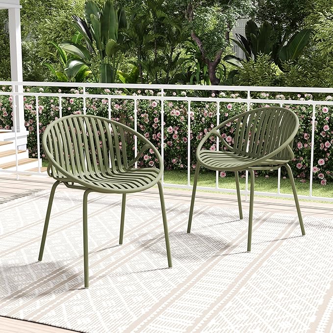 Christopher Knight Home Set of 2 Tita Modern Patio Outdoor Dining Chairs, Stacking Chair, Outside Dinner,Garden/Balcony/Poolside Stackable Accent Chairs,Metal Legs,Plastic Cutout Backrest, Green