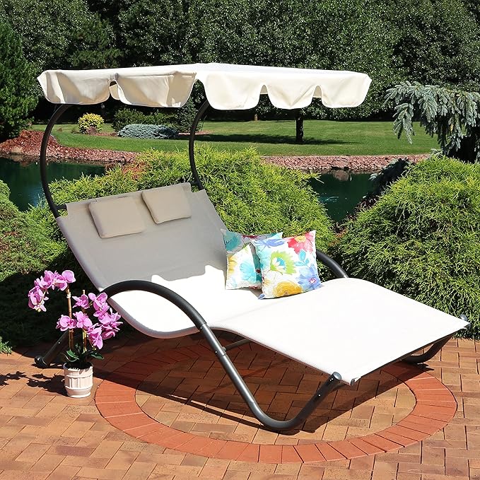 Sunnydaze Outdoor Double Chaise Lounge with Canopy Shade and Headrest Pillows - Beige Fabric with Black Powder-Coated Frame