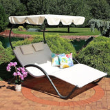 Sunnydaze Outdoor Double Chaise Lounge with Canopy Shade and Headrest Pillows - Beige Fabric with Black Powder-Coated - Photo 2