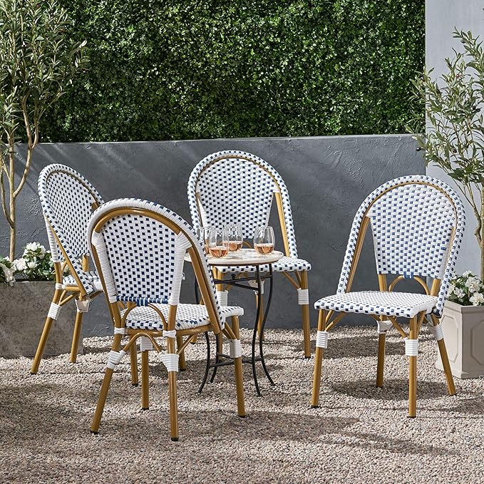 Christopher Knight Home Philomena Outdoor French Bistro Chair (Set of 4), Blue + White + Bamboo Print Finish - Photo 2